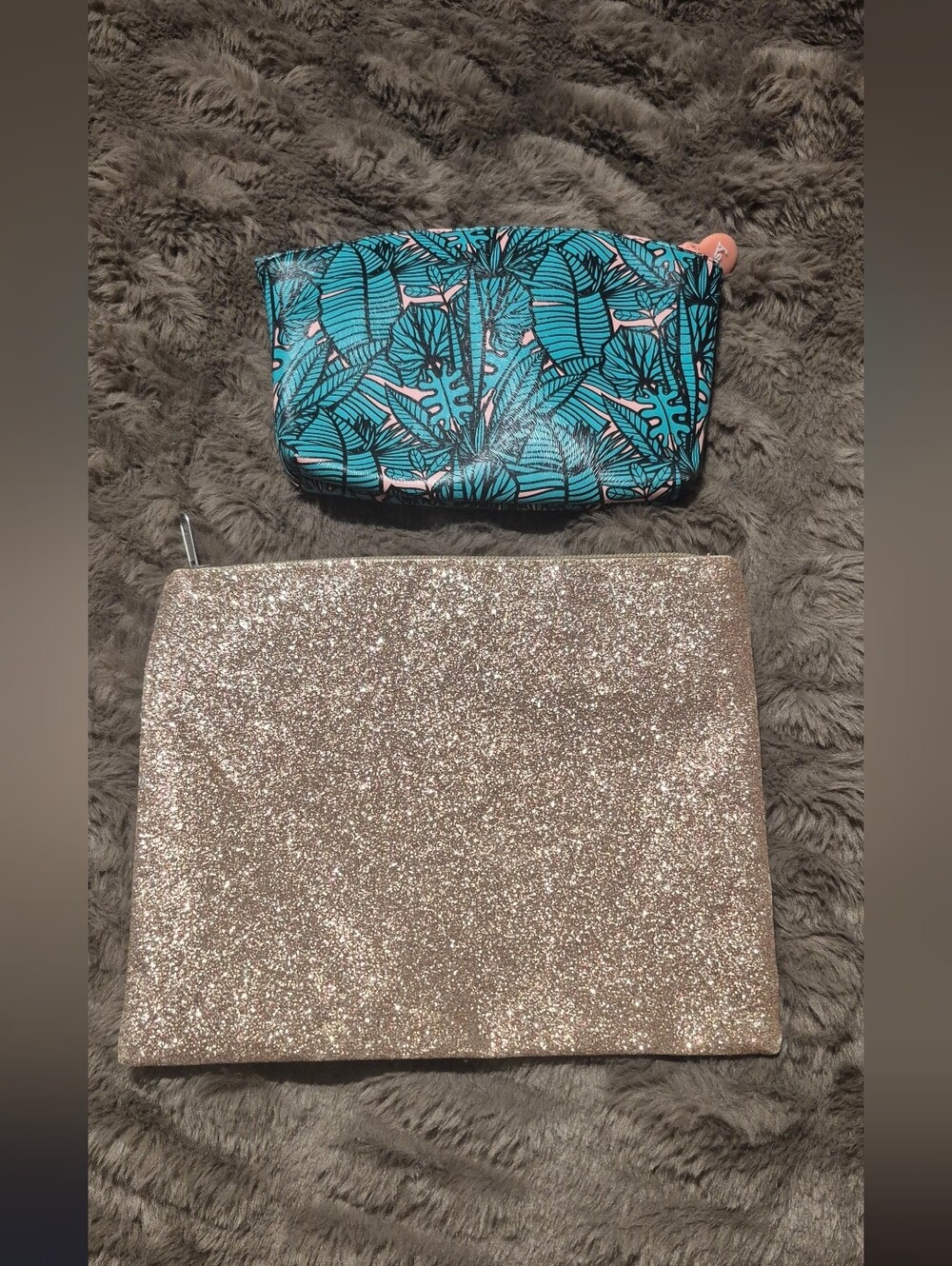 Glitter and Teal Leaf Cosmetic Bag Set